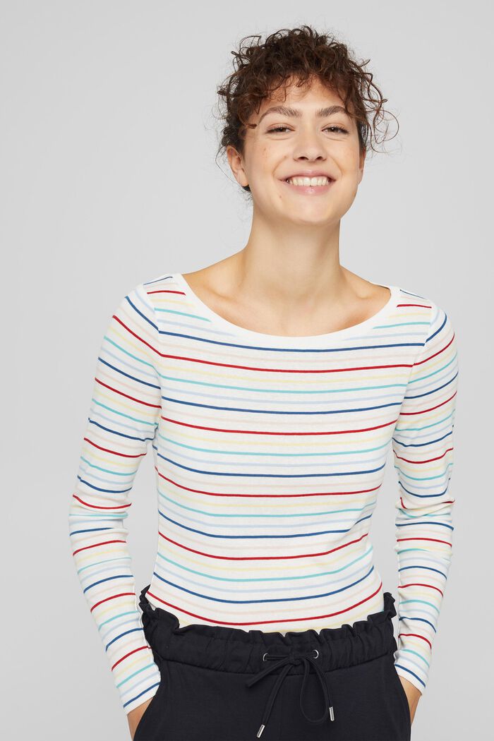 Striped long sleeve top made of cotton, OFF WHITE, detail image number 0