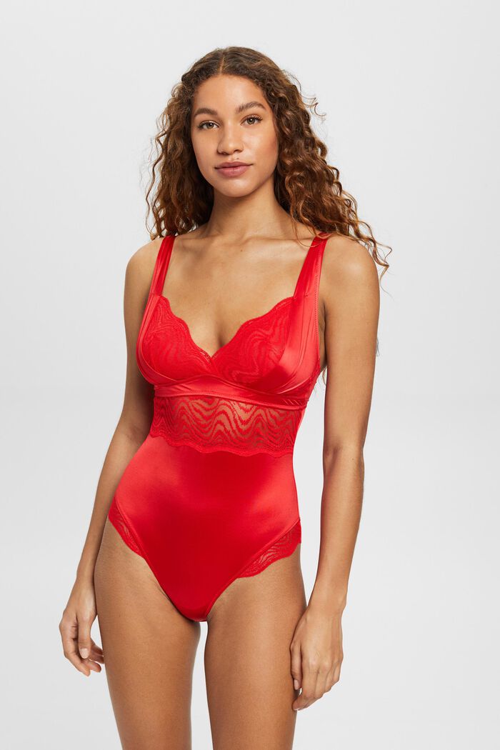 Unpadded lace bodysuit, RED, detail image number 0