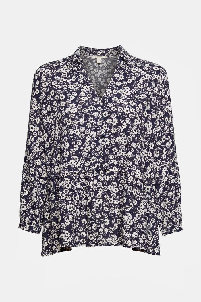 Blouse with a frilled edge, LENZING™ ECOVERO™, NAVY, overview