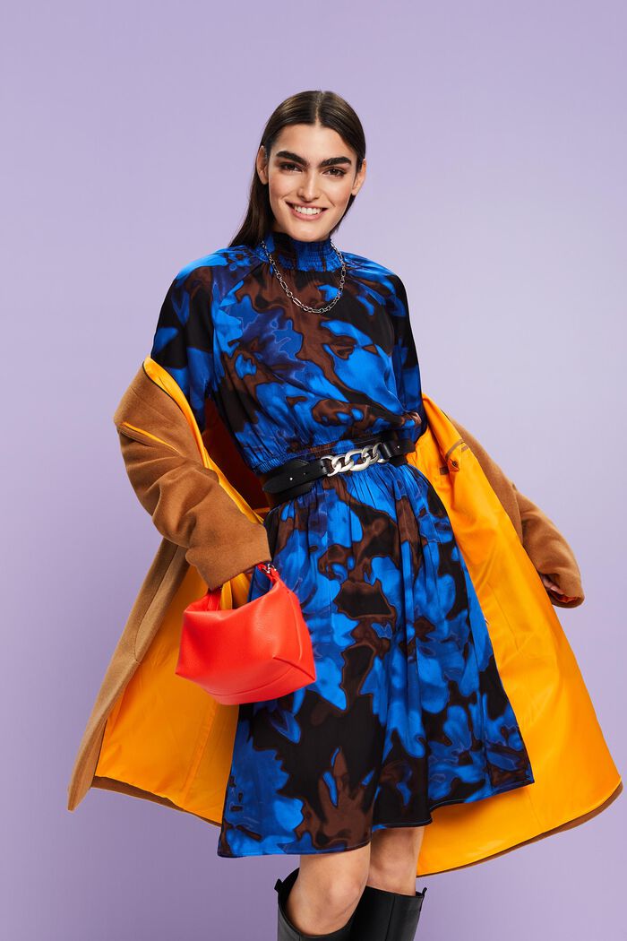 Smocked Satin Print Dress, BRIGHT BLUE, detail image number 0