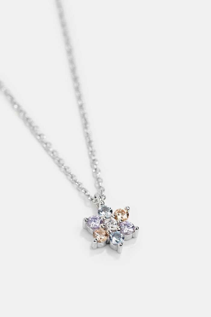 Necklace with a zirconia flower, sterling silver, SILVER, detail image number 1