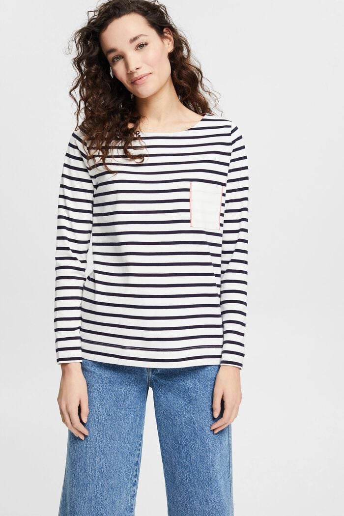 Striped long sleeve top with a breast pocket, OFF WHITE, detail image number 0