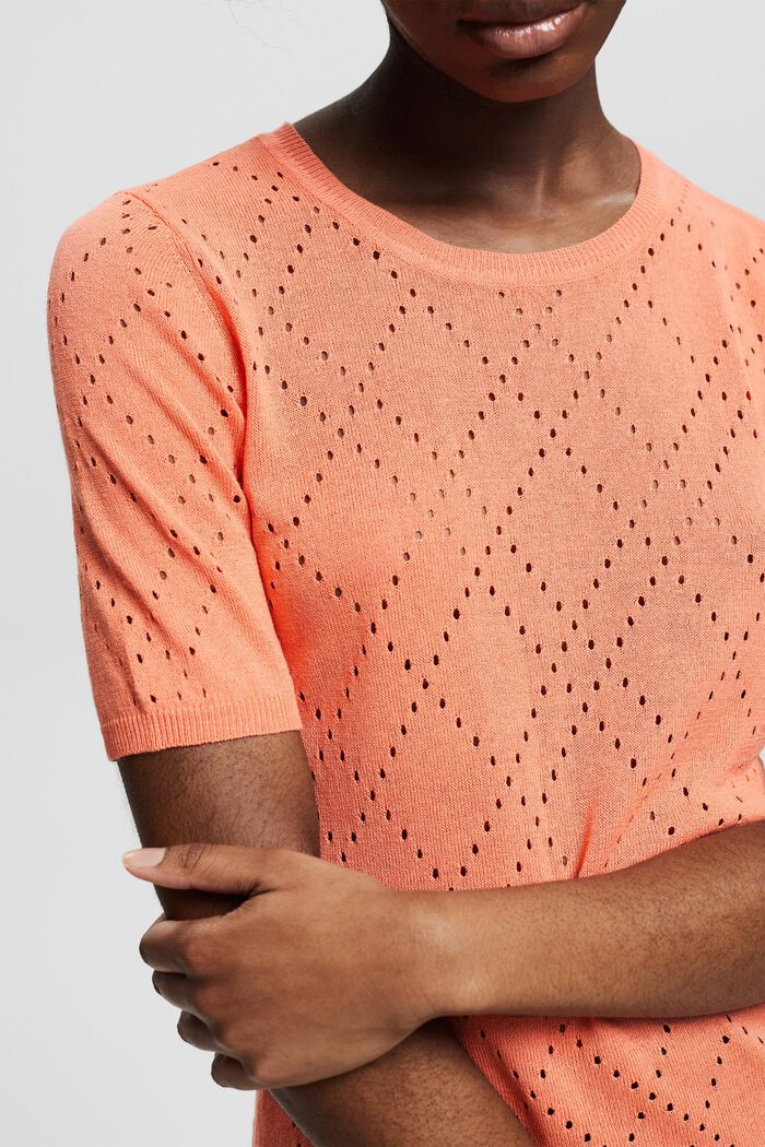 Linen blend: Knitted top with a openwork pattern, CORAL ORANGE, detail image number 2