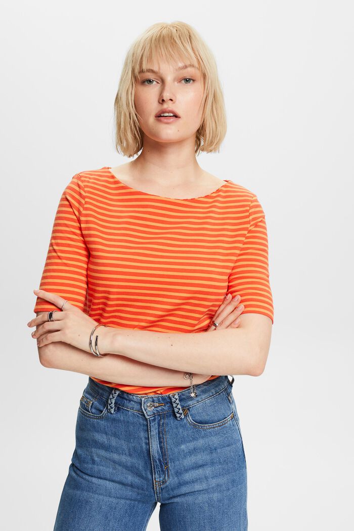 Striped cotton t-shirt with boat neckline, ORANGE RED, detail image number 0