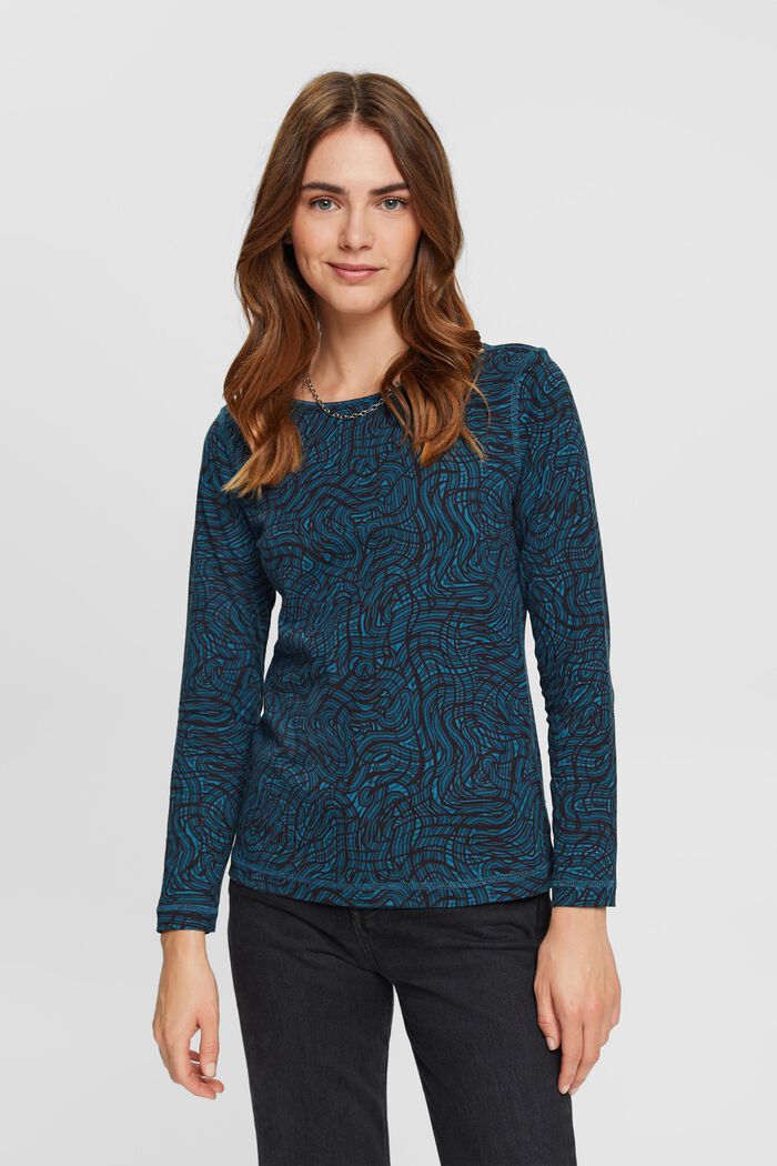 Boat neck long-sleeved top with pattern, DARK TURQUOISE, detail image number 0