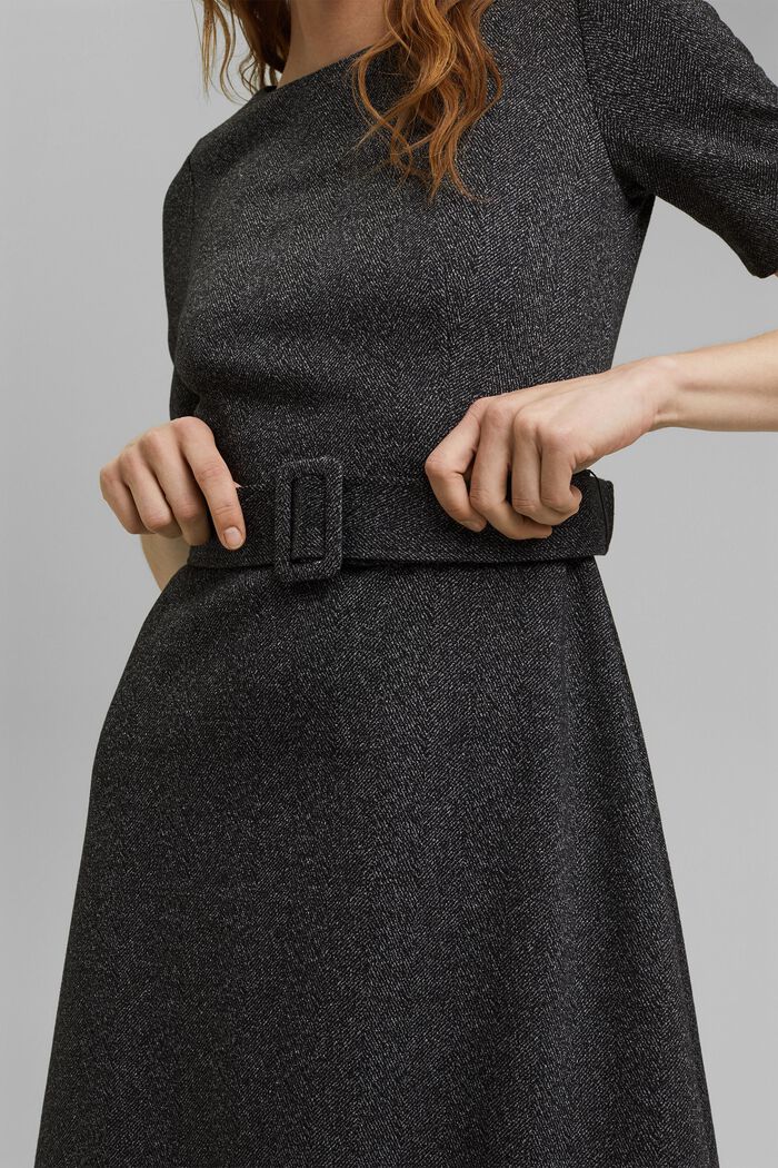 Mix + match HERRINGBONE midi dress with belt, BLACK, detail image number 2