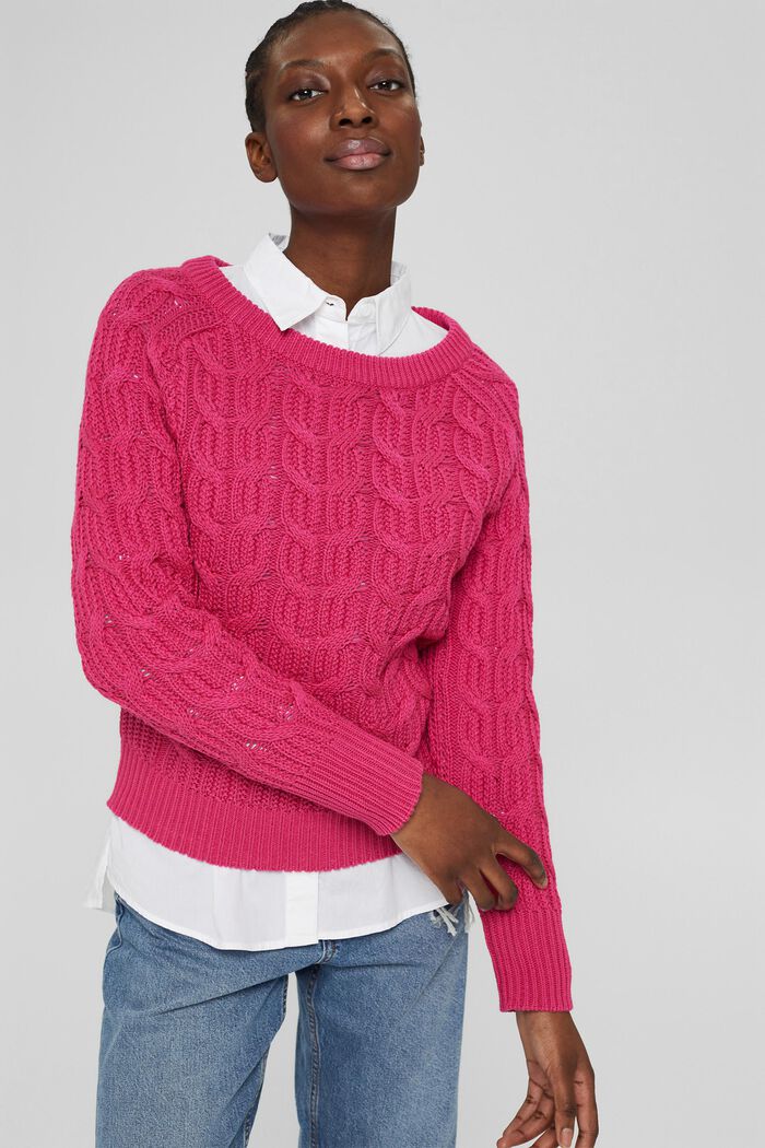 Cable knit jumper made of blended cotton, PINK FUCHSIA, detail image number 0