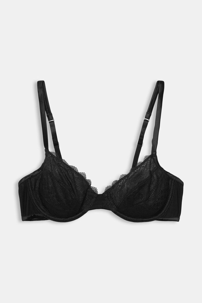 Recycled: unpadded underwire bra with lace, BLACK, overview