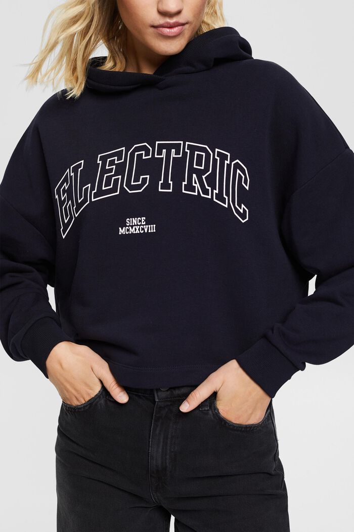 Cropped hoodie with a print, blended cotton, NAVY, detail image number 2