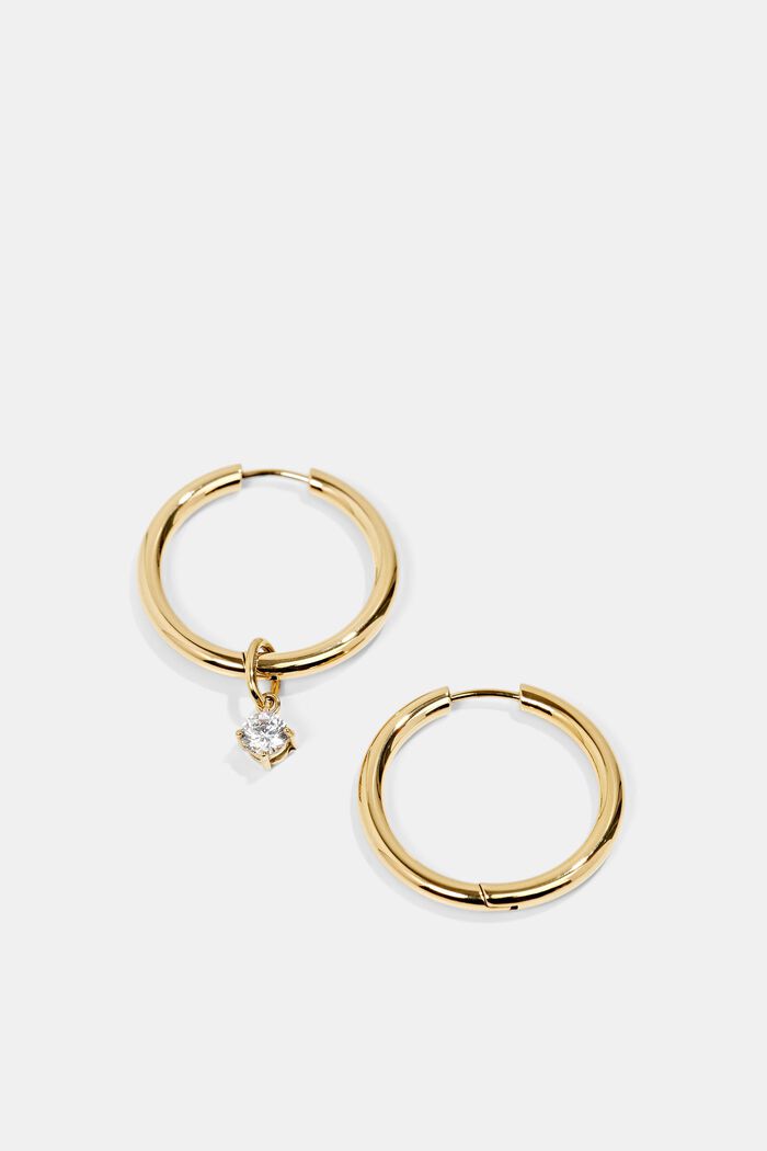 Stainless steel hoop earrings with a zirconia pendant, GOLD, detail image number 0