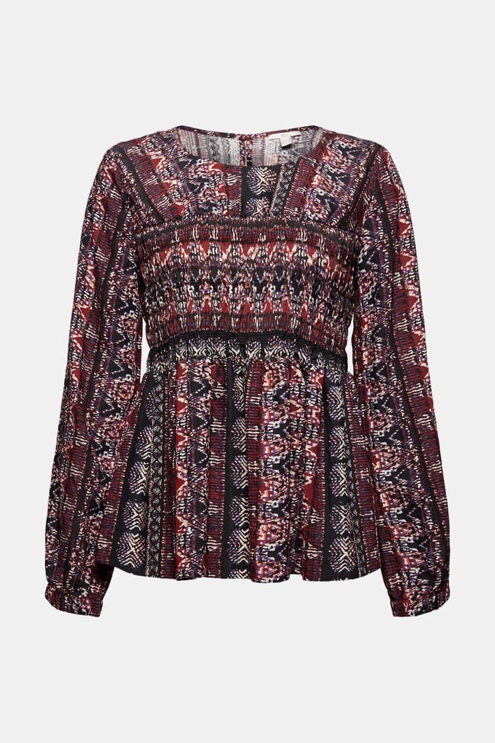 Printed blouse with smocked details, GARNET RED, overview