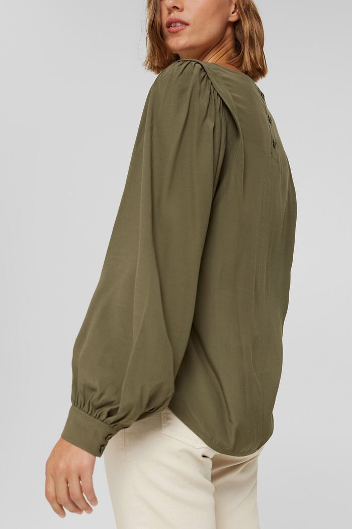 Wide blouse with balloon sleeves, LENZING™ ECOVERO™, DARK KHAKI, detail image number 2