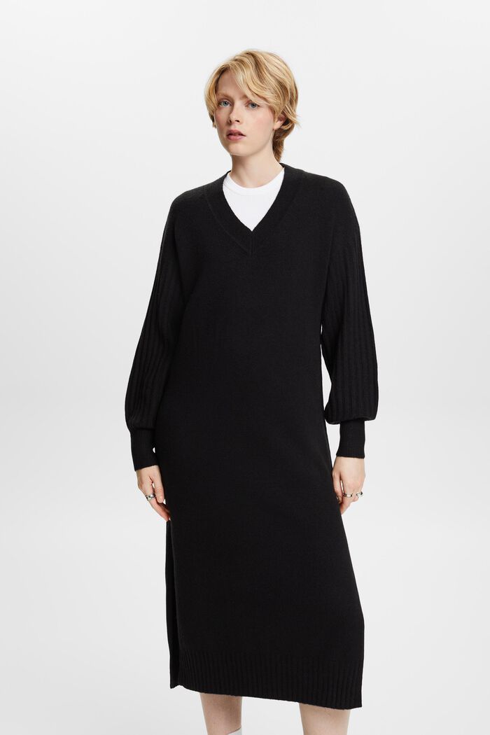 Wool-Blend Knit Midi Dress, BLACK, detail image number 0