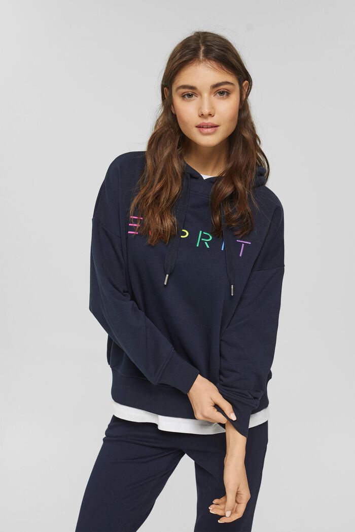 Hoodie with an embroidered logo, cotton blend, NAVY, detail image number 0