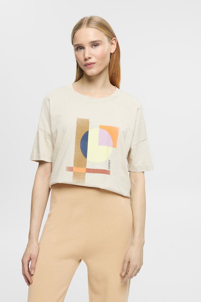 Cotton t-shirt with geometric print, LIGHT TAUPE, detail image number 0