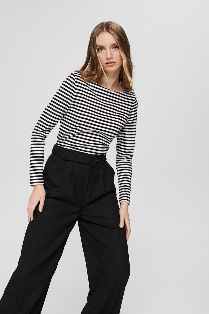 Striped long sleeve top with a monogram, BLACK, detail image number 0
