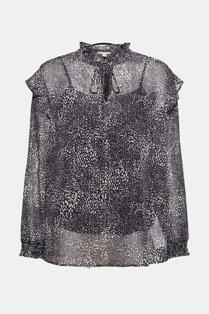 Chiffon blouse with a print and flounces, BLACK, overview