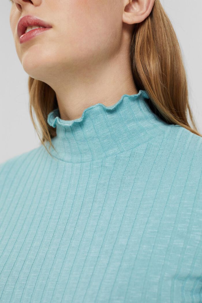 Ribbed long sleeve top with a stand-up collar, TURQUOISE, detail image number 2