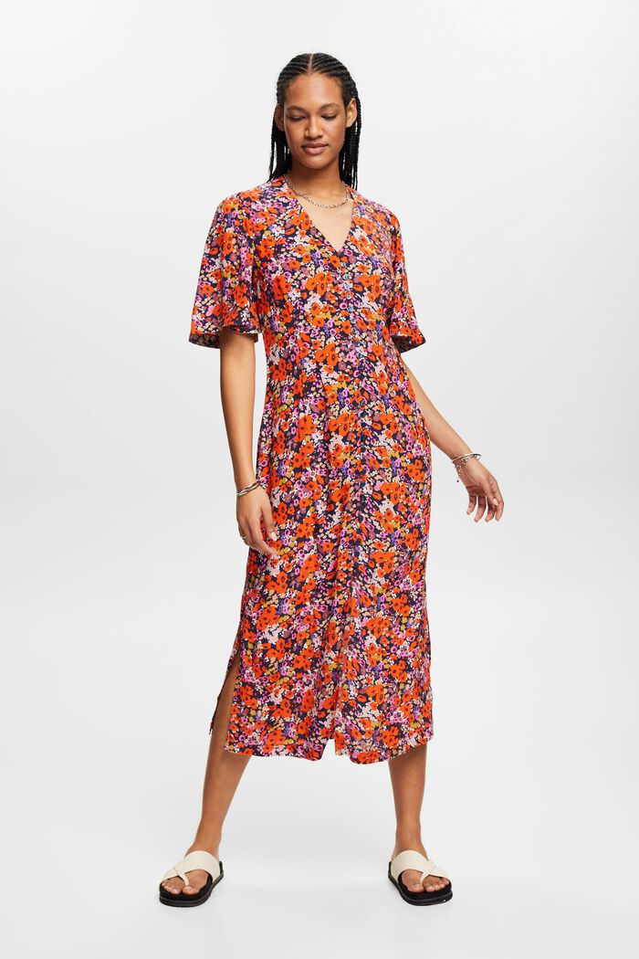 Short-sleeved midi dress with floral pattern, NAVY, detail image number 0