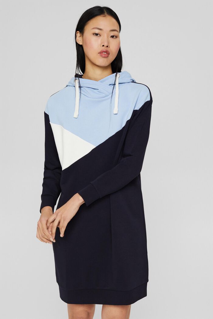 Made of recycled material: hoodie dress with trendy colour blocking, NAVY, detail image number 0
