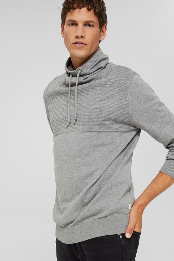 Cashmere blend: jumper with a drawstring collar, MEDIUM GREY, overview