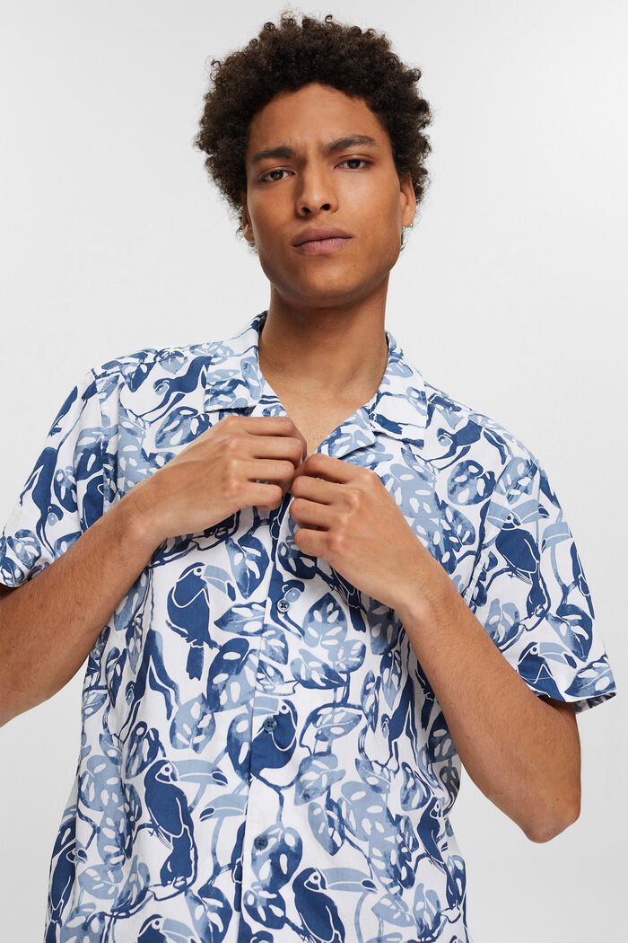 Short sleeve shirt with tropical print, 100% cotton, BLUE, detail image number 2