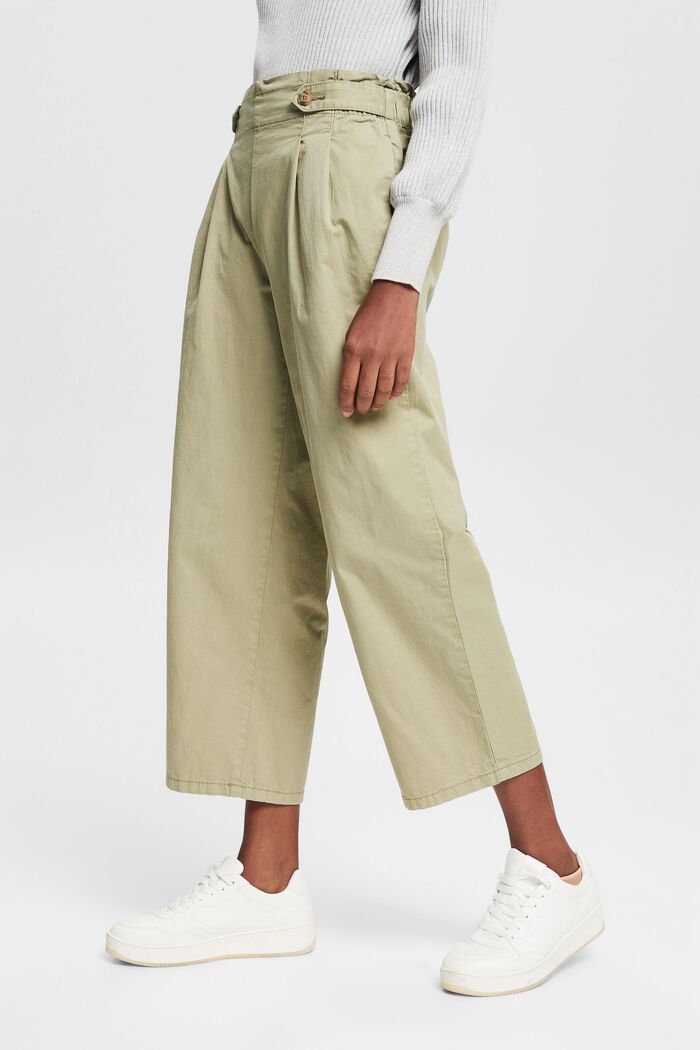 Cropped trousers with an elasticated waistband, 100% cotton, LIGHT KHAKI, detail image number 0