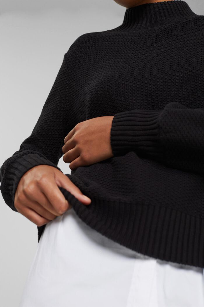 Jumper in textured knit fabric with band collar, BLACK, detail image number 2