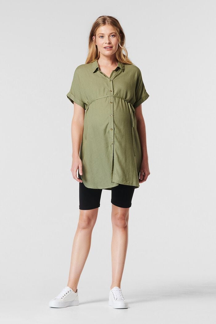 Linen blend: blouse with tie, REAL OLIVE, overview