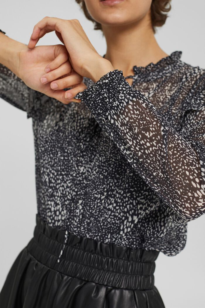 Chiffon blouse with a print and flounces, BLACK, detail image number 2