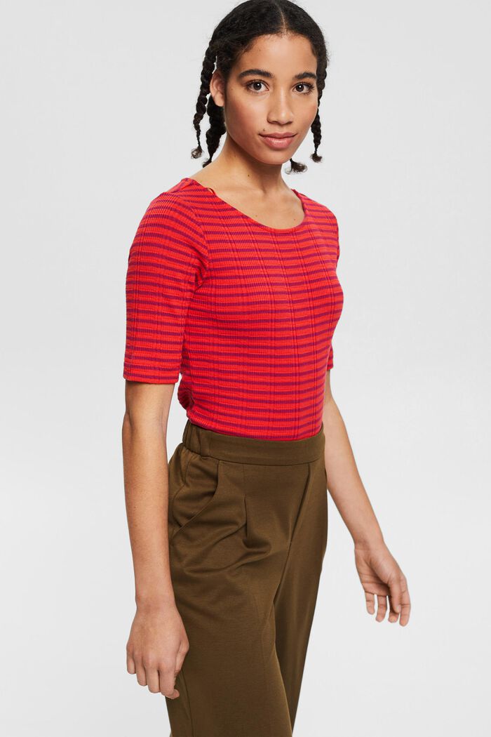 Rib knit top with stripes, blended cotton, ORANGE RED, detail image number 0