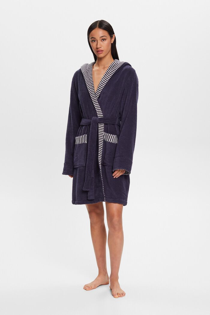 Terry cloth bathrobe with striped lining, NAVY BLUE, detail image number 1