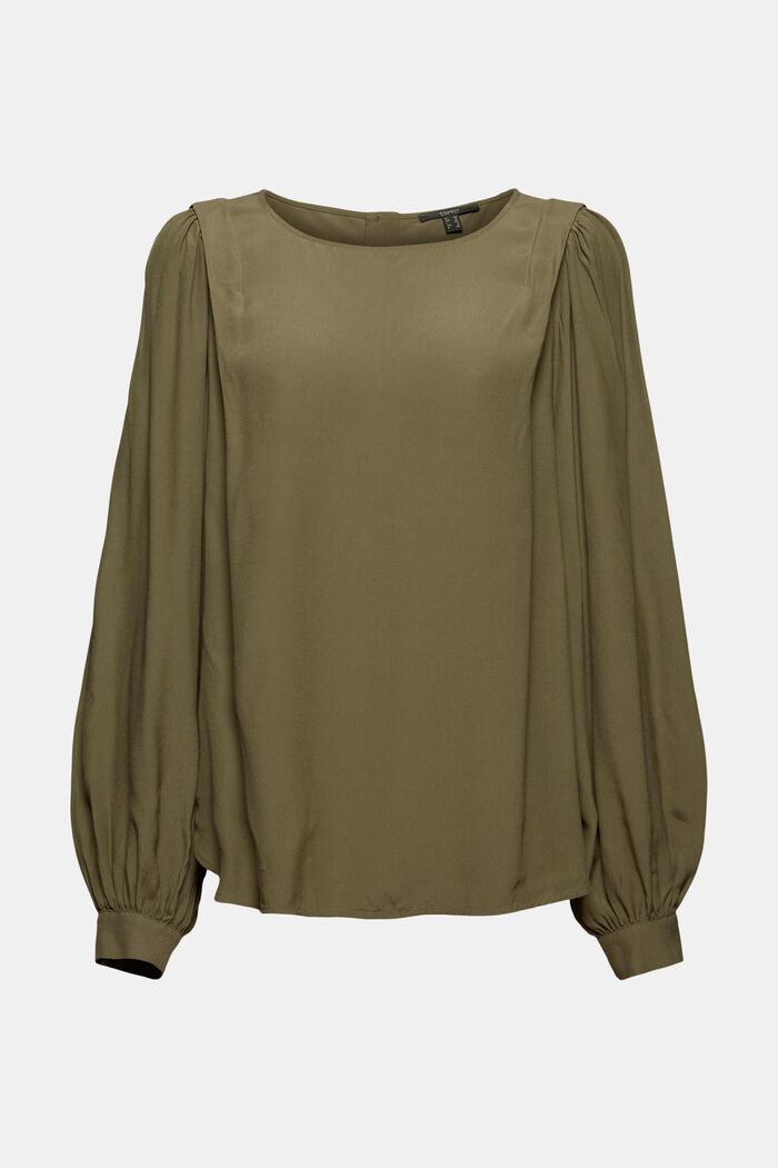 Wide blouse with balloon sleeves, LENZING™ ECOVERO™, DARK KHAKI, overview