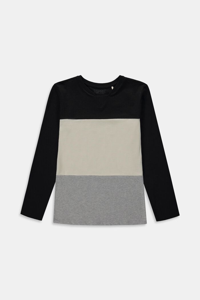 Long sleeve top with colour blocking, 100% cotton, BLACK, detail image number 0