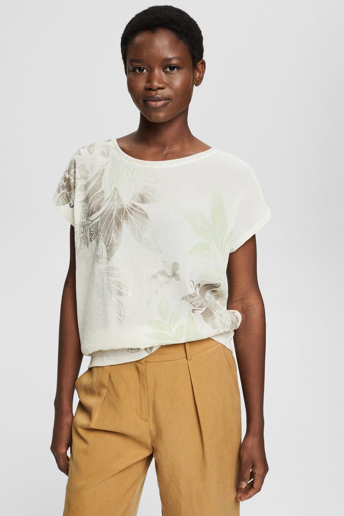 With linen: Material mix top with a print, LIGHT BEIGE, detail image number 0