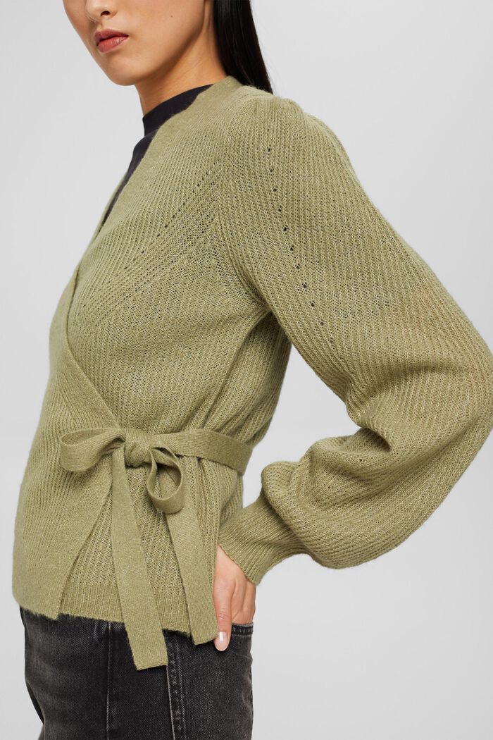Wool/alpaca blend: cardigan in a wrap-over look, LIGHT KHAKI, detail image number 2
