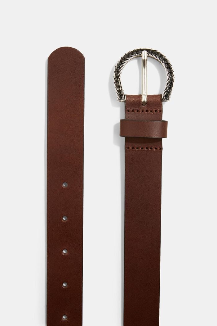 Leather belt with a metal buckle, DARK BROWN, detail image number 1