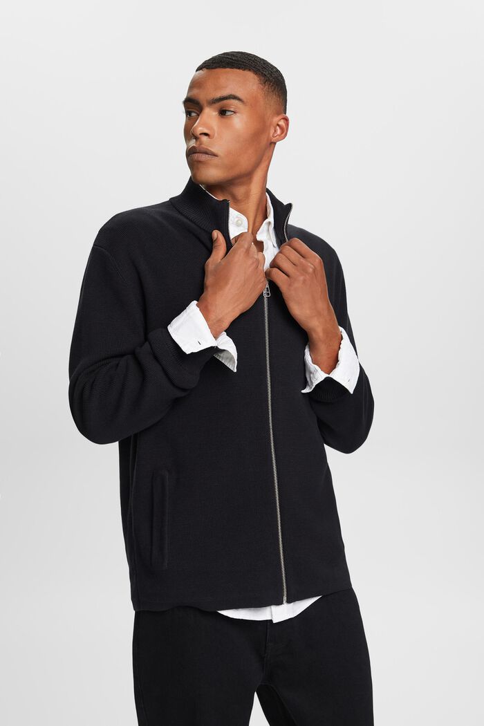 Zipper cardigan, 100% cotton, BLACK, detail image number 1