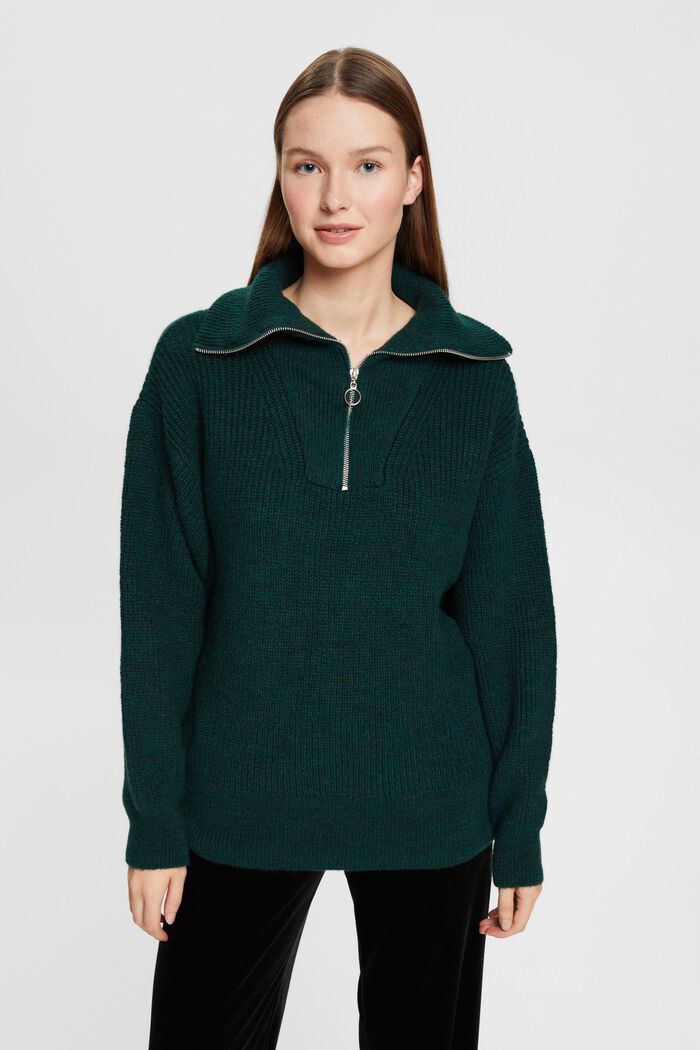 Knitted half-zip jumper with wool, TEAL GREEN, detail image number 0