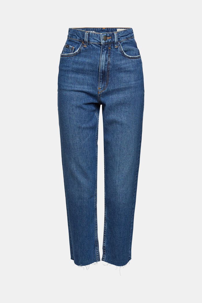 Cropped cotton blend jeans, BLUE DARK WASHED, overview