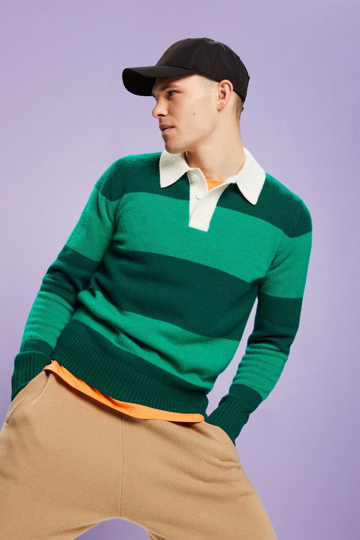 Rugby Stripe Cashmere Polo Sweater, EMERALD GREEN, detail image number 0