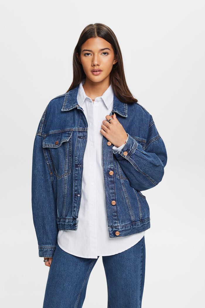 Oversized jeans jacket, 100% cotton, BLUE MEDIUM WASHED, detail image number 0