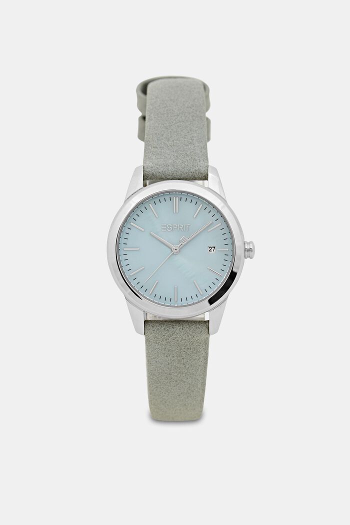 Stainless steel watch with a faux leather strap, GREY, detail image number 0