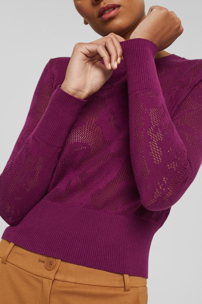 Jumper in openwork knit fabric, PLUM RED, detail image number 0