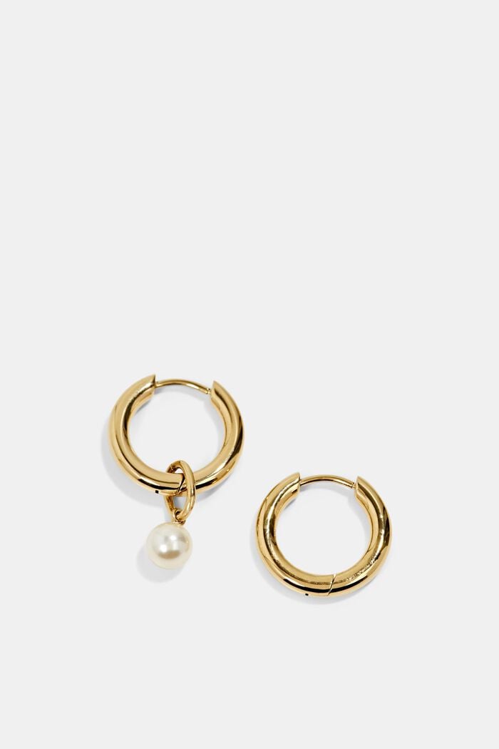 Stainless steel hoop earrings with bead pendant, GOLD, detail image number 2