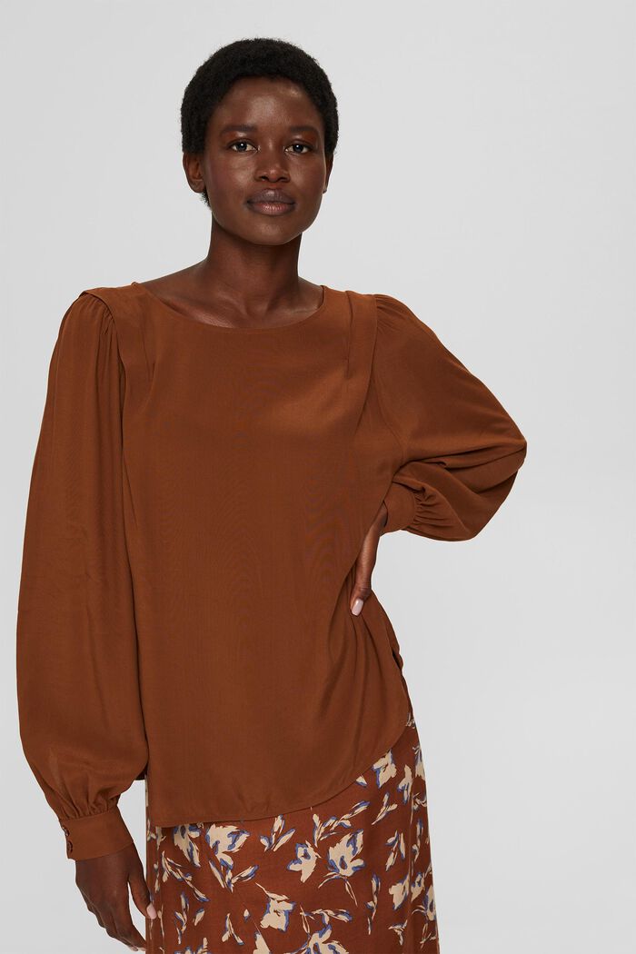 Wide blouse with balloon sleeves, LENZING™ ECOVERO™, TOFFEE, overview