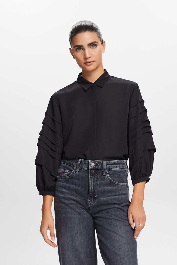Pleated Shirt Blouse, BLACK, detail image number 1