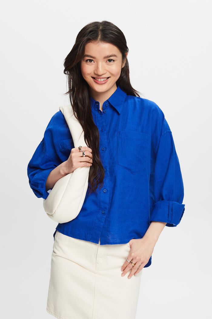 Cotton-Linen Shirt Blouse, BRIGHT BLUE, detail image number 0