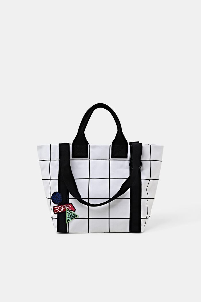 Grid Print Cotton Canvas Tote, OFF WHITE, detail image number 0