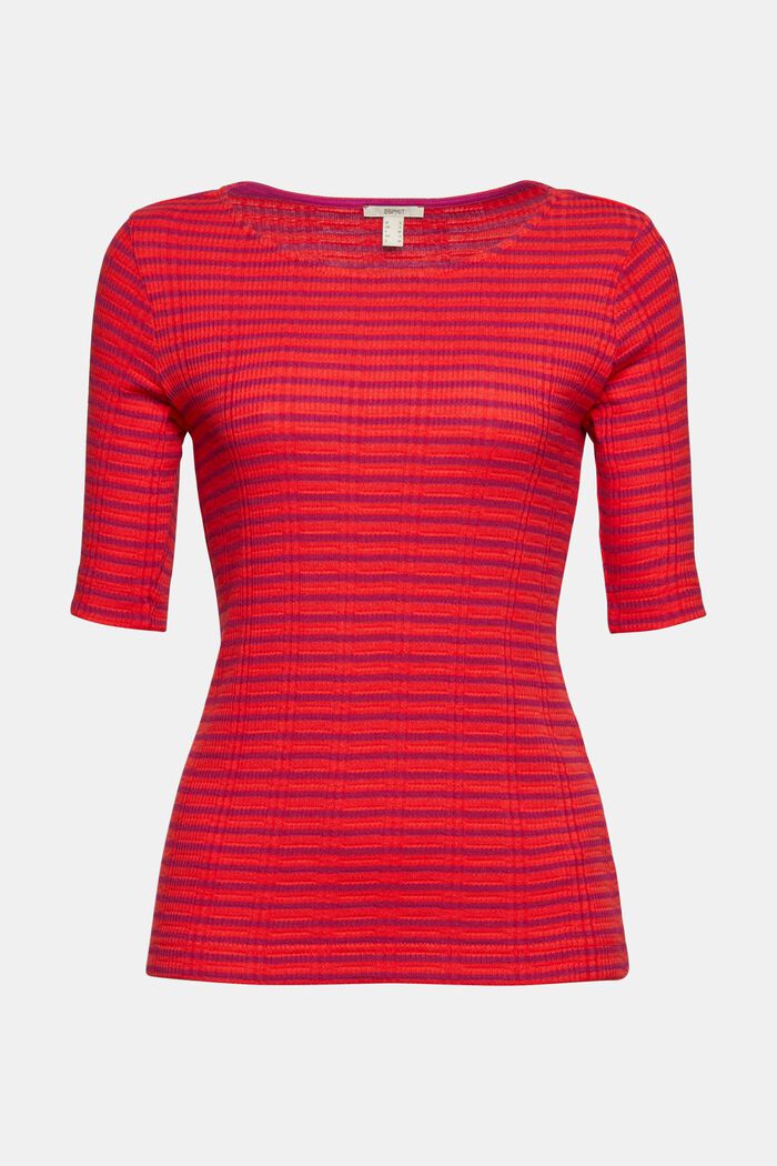 Rib knit top with stripes, blended cotton, ORANGE RED, overview